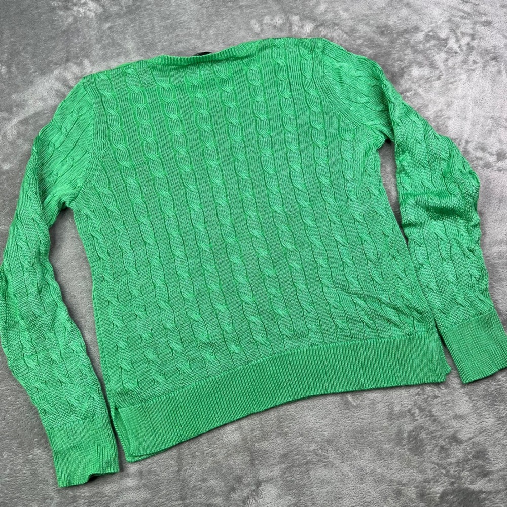 Lauren Ralph Lauren Cable Knit Sweater Womens Medium Green Gold Button Shoulder - Picture 3 of 8